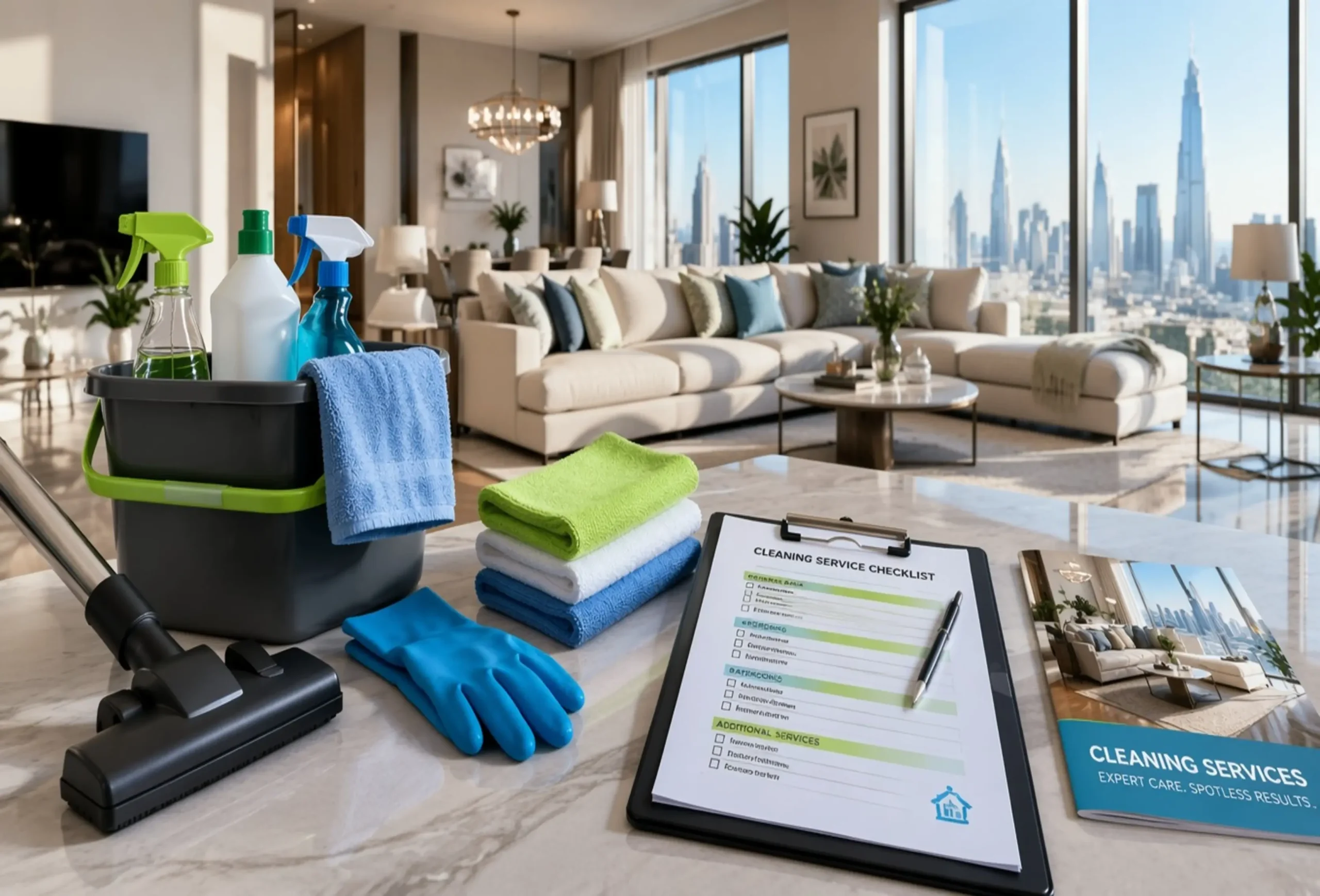 Professional cleaning supplies arranged in UAE home