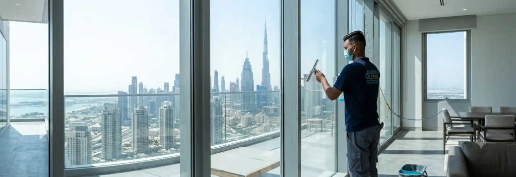 Professional glass cleaner working on villa windows in Dubai