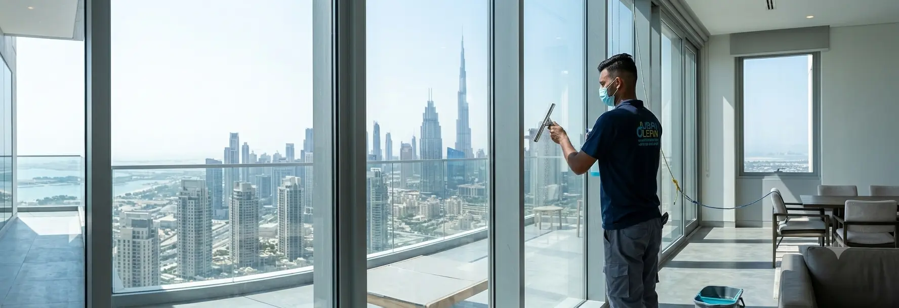 Professional glass cleaner working on villa windows in Dubai