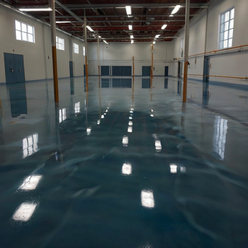 Shining epoxy floor in a dark wide room