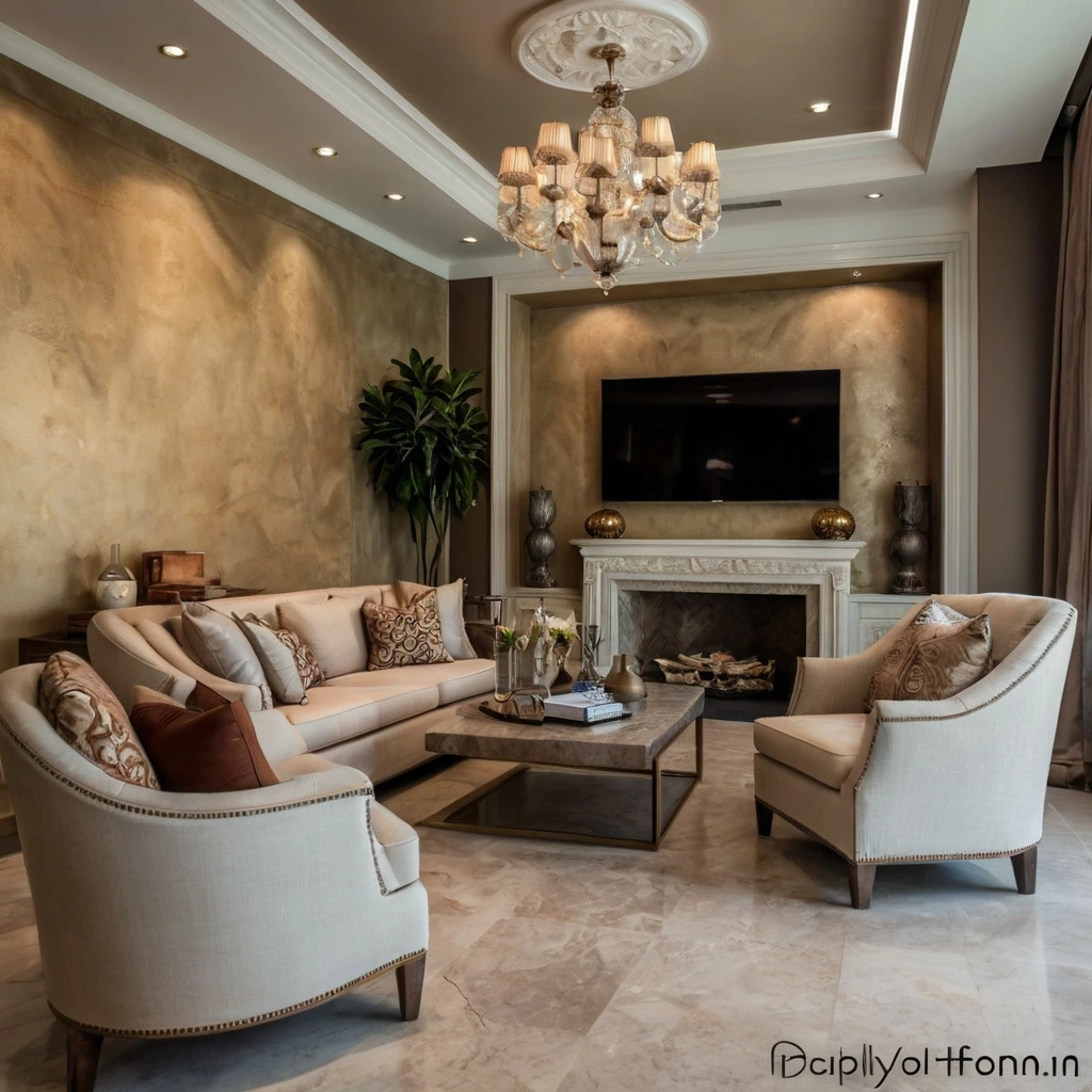 Unique venetian plaster design in Home. Grey color and white walls