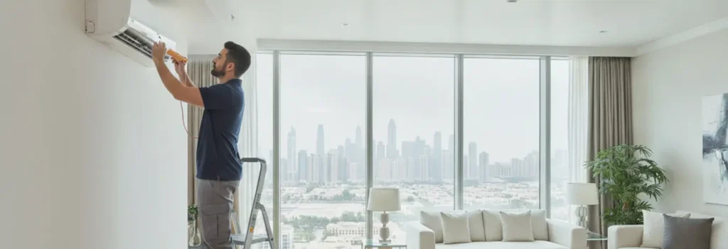 AC repair technician inspecting indoor air conditioner