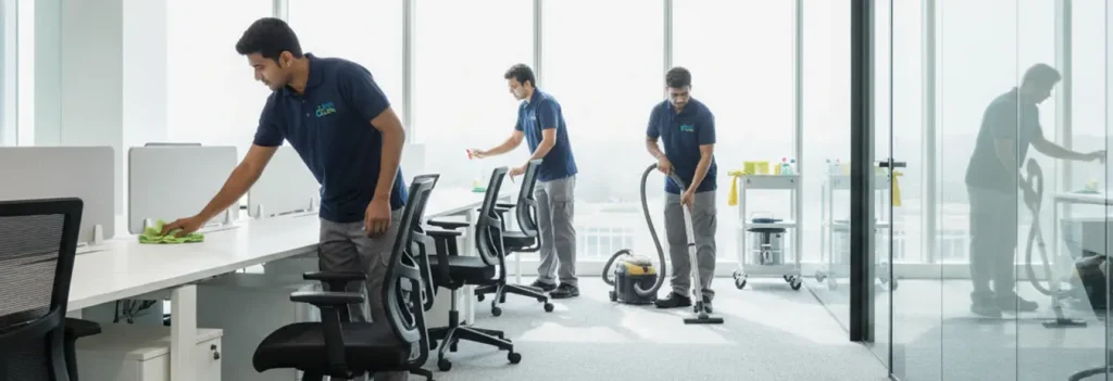 Commercial cleaning team maintaining a modern office in Dubai