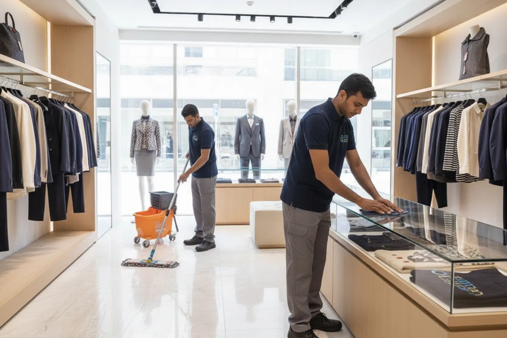 Professional retail store cleaning inside a modern shopping outlet
