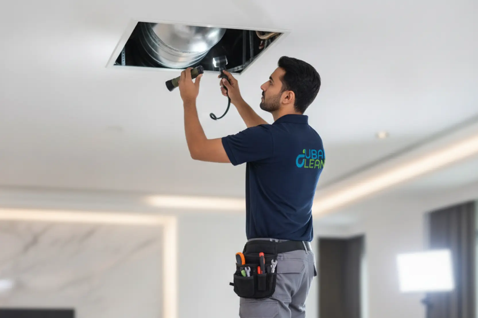 Technician inspecting AC ductwork for mold contamination inside an HVAC system.