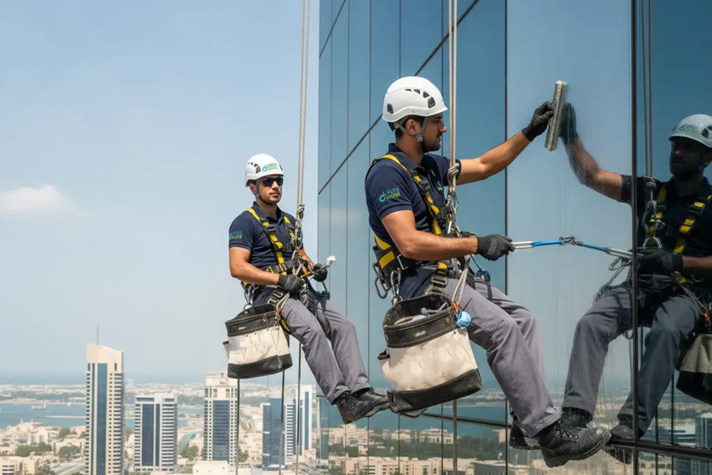 Technicians performing facade cleaning on a high rise building in Dubai