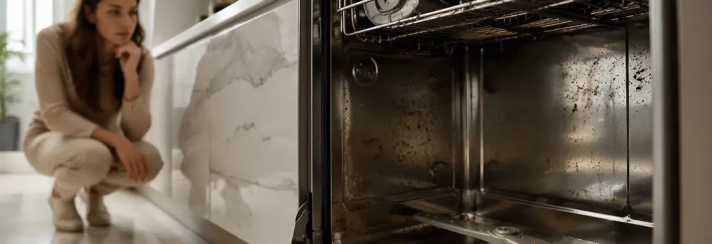 Dirty dishwasher interior showing buildup around filter