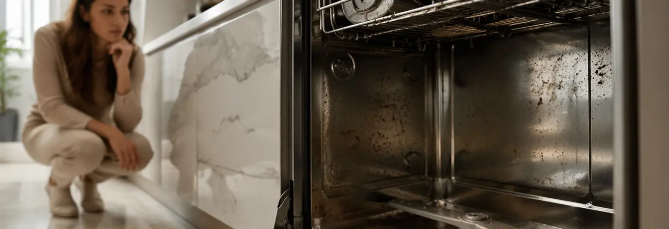 Dirty dishwasher interior showing buildup around filter