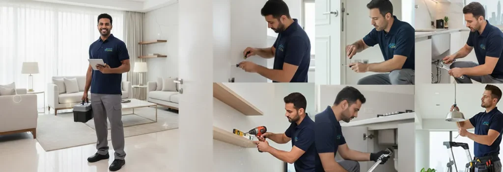 Professional handyman inspecting home maintenance issues