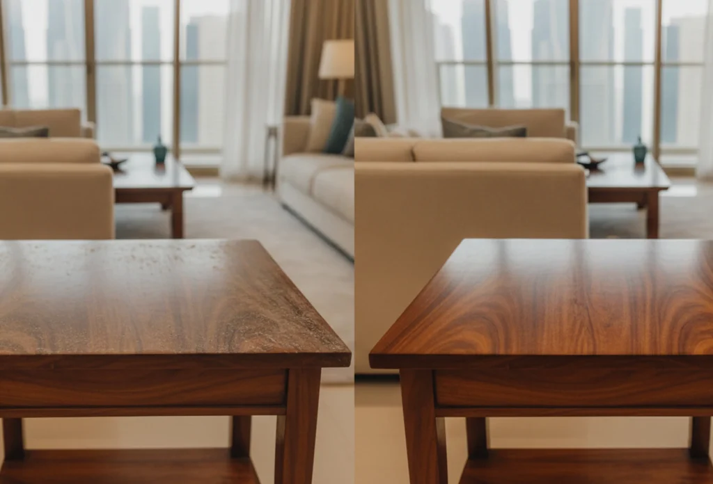 Before and after wooden furniture polishing comparison image