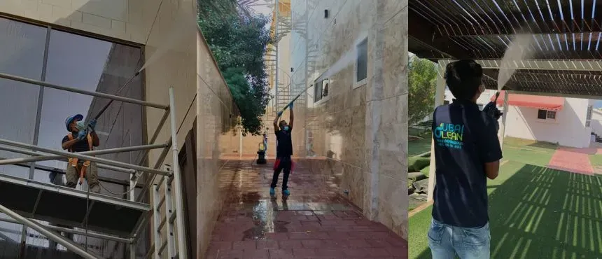 Power wash cleaning in progress on a driveway with high-pressure water