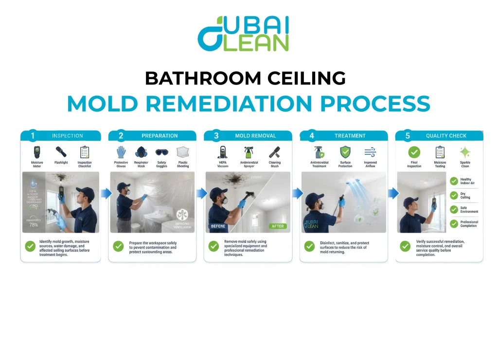 Step-by-step mold remediation process showing inspection, cleaning, treatment, and prevention for bathroom ceiling mold in Dubai