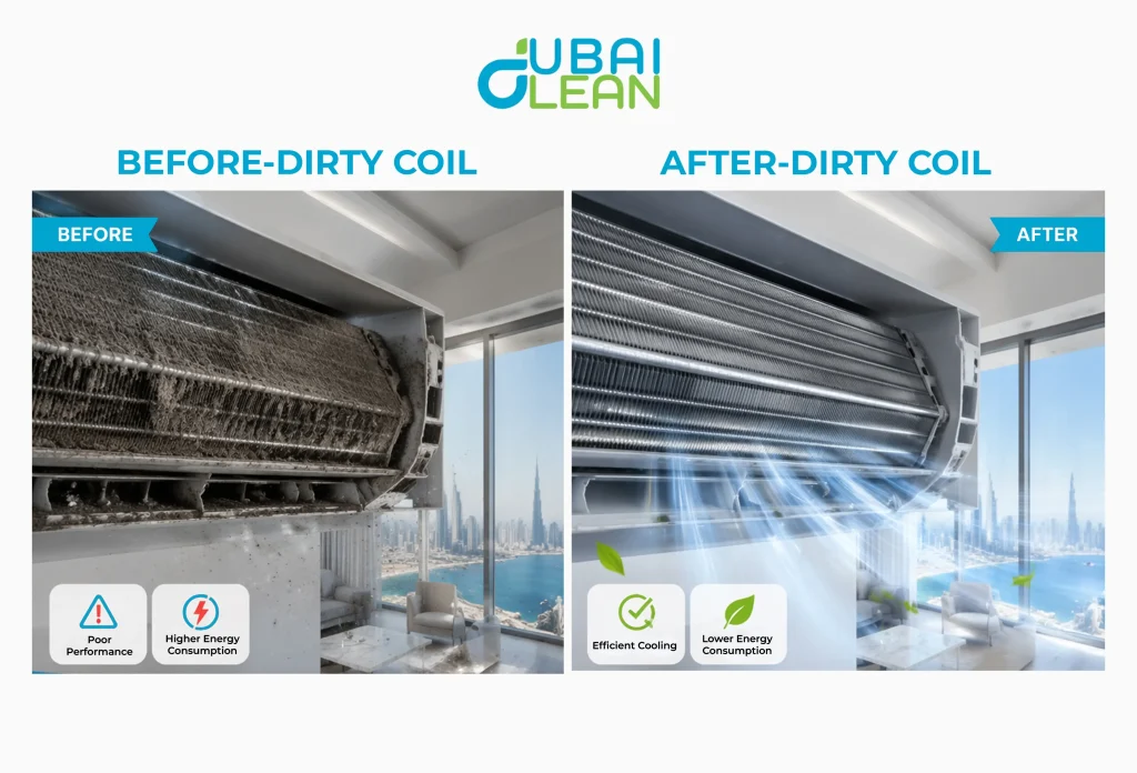 Comparison of dirty and cleaned AC coils demonstrating improved cooling efficiency in Dubai