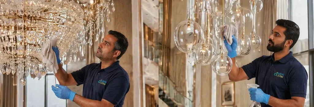 Crystal vs Glass Chandelier Cleaning in a Dubai Luxury Living Room