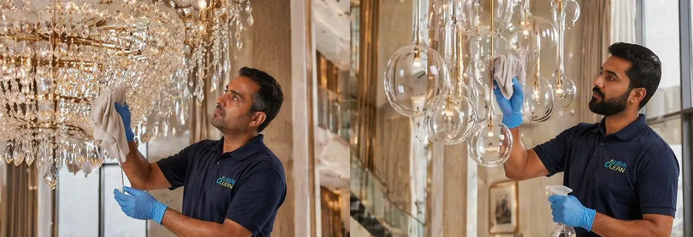 Crystal vs Glass Chandelier Cleaning in a Dubai Luxury Living Room