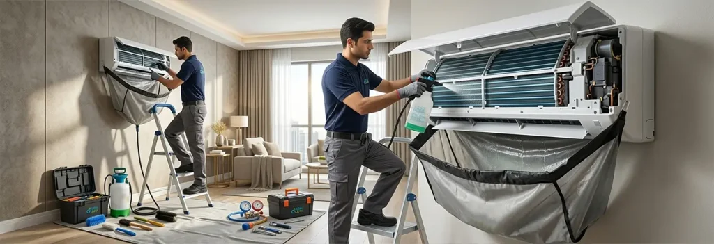 AC coil cleaning technician servicing air conditioner coils in a Dubai home