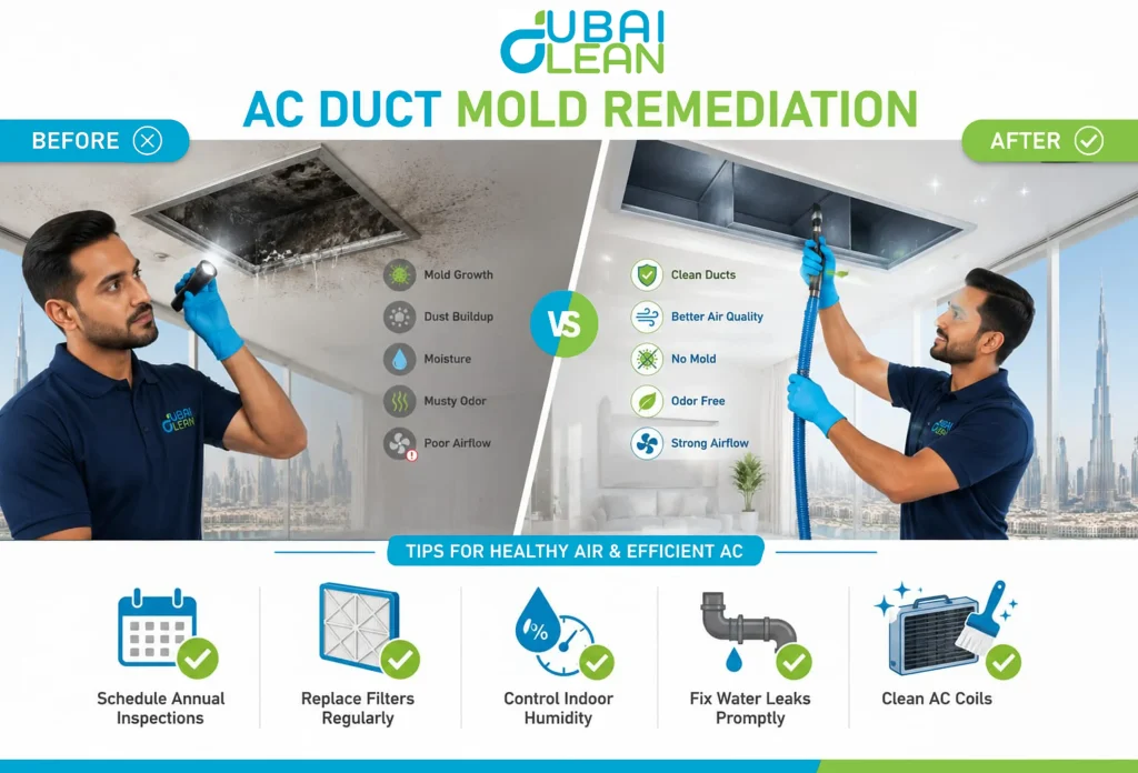 Before and after Air Duct Mold Cleaning process in Dubai HVAC system