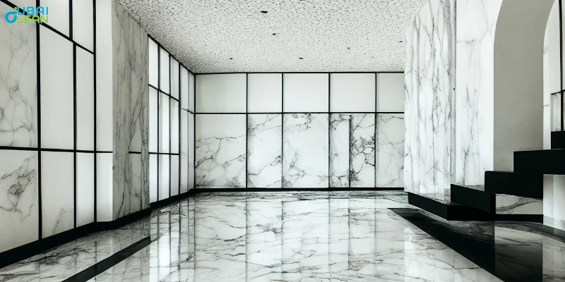 Side-by-side comparison of tile and marble flooring finishes in a modern interior