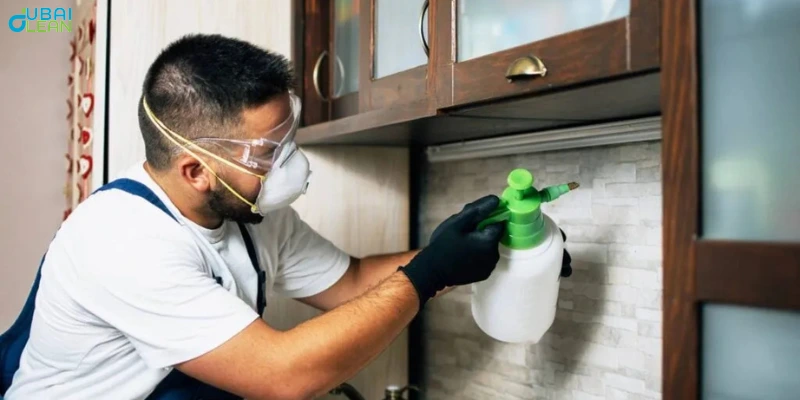 Pest control professional in protective attire applying a non‑toxic spray along the edges of a contemporary living room floor.