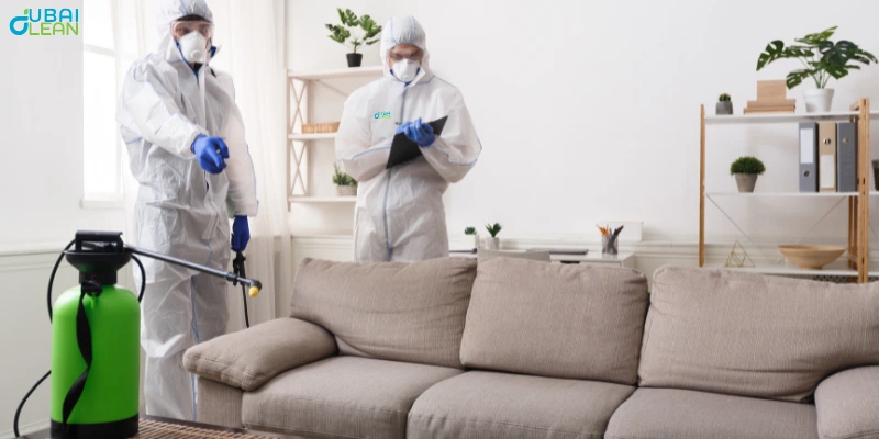 Technician in protective gear spraying eco‑friendly pest control solution along the baseboards of a modern living room

