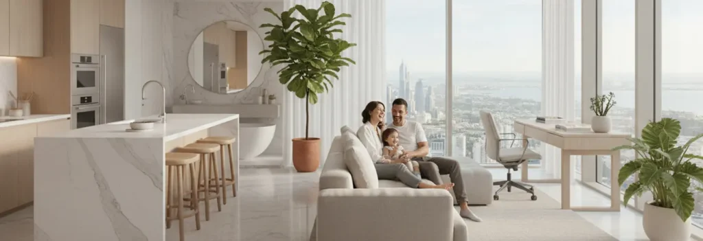 Happy family sitting in a clean Dubai living room after complete deep cleaning
