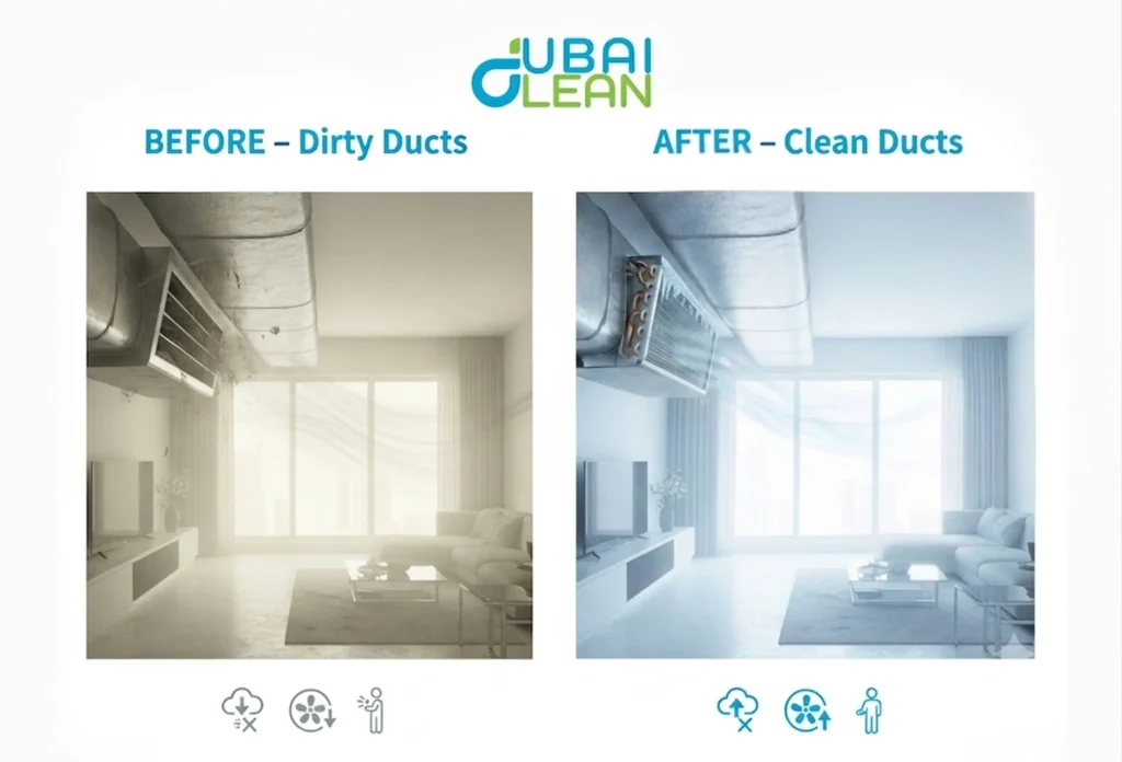 Comparison of dirty and professionally cleaned AC ducts improving indoor air quality in Dubais