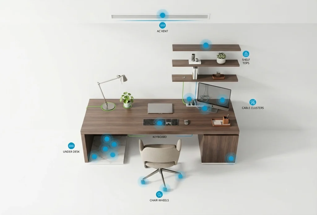 Abstract home office layout showing hidden dust