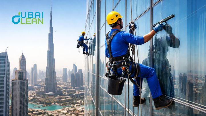 Window cleaner on Dubai skyscraper