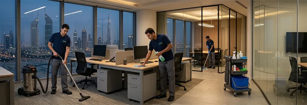 Industrial office cleaning team working after office hours