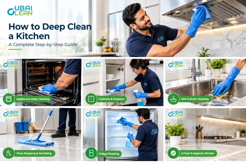 Kitchen deep cleaning services in Dubai, Professional kitchen deep cleaning in Dubai, Kitchen with grease and food residue buildup, Deep cleaning inside kitchen cabinets and drawers, Cleaning dust and dirt behind a kitchen refrigerator, Deep cleaning kitchen appliances and surfaces, Deep cleaning a kitchen sink and surrounding surfaces, Cleaning kitchen countertops and backsplash, Mopping and cleaning a kitchen floor, Professional cleaner deep cleaning a kitchen, Step-by-step kitchen deep cleaning process, Kitchen before and after deep cleaning, Kitchen deep cleaning checklist and schedule, Kitchen deep cleaning for residential and commercial kitchens in Dubai