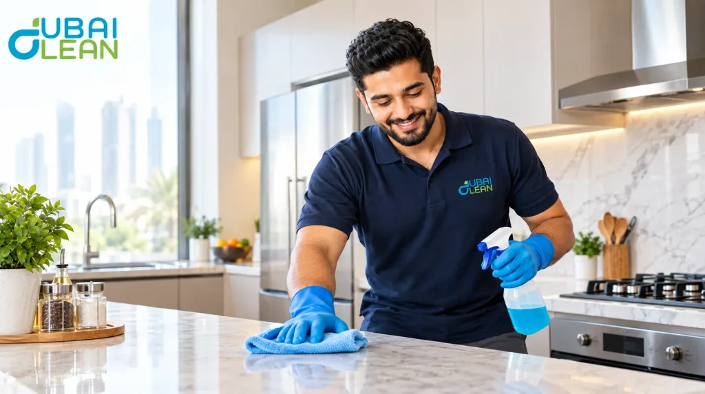 Kitchen deep cleaning services in Dubai, Professional kitchen deep cleaning in Dubai, Kitchen with grease and food residue buildup