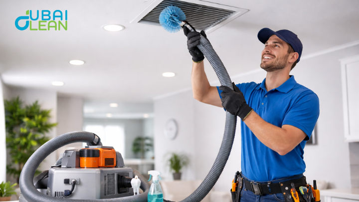Professional HVAC technician cleaning air conditioning ducts in a Dubai home