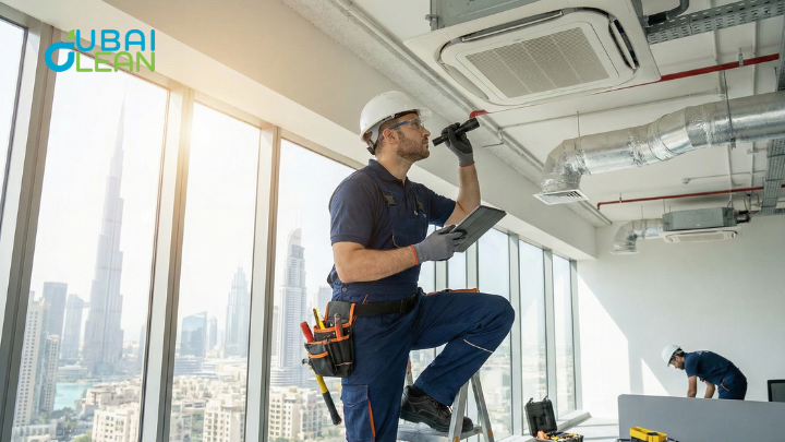 Professional HVAC technician cleaning air conditioning ducts in a Dubai home