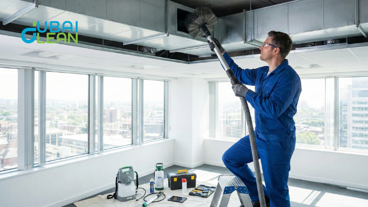 Professional HVAC technician cleaning air conditioning ducts in a Dubai home