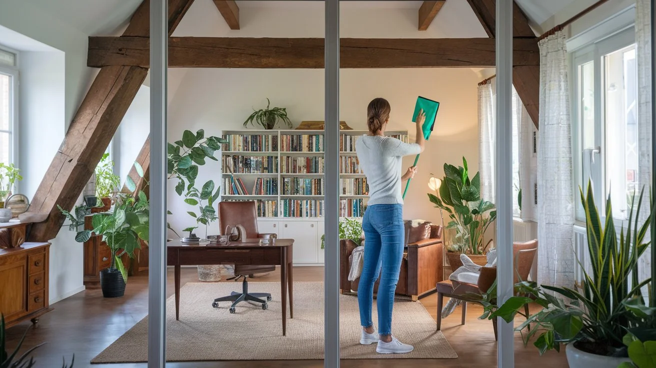 غرفة معيشة نظيفة ذات ديكورات ونباتات طبيعية، تسلط الضوء على ممارسات التنظيف المستدامة للحصول على منزل أكثر اخضرارًا.