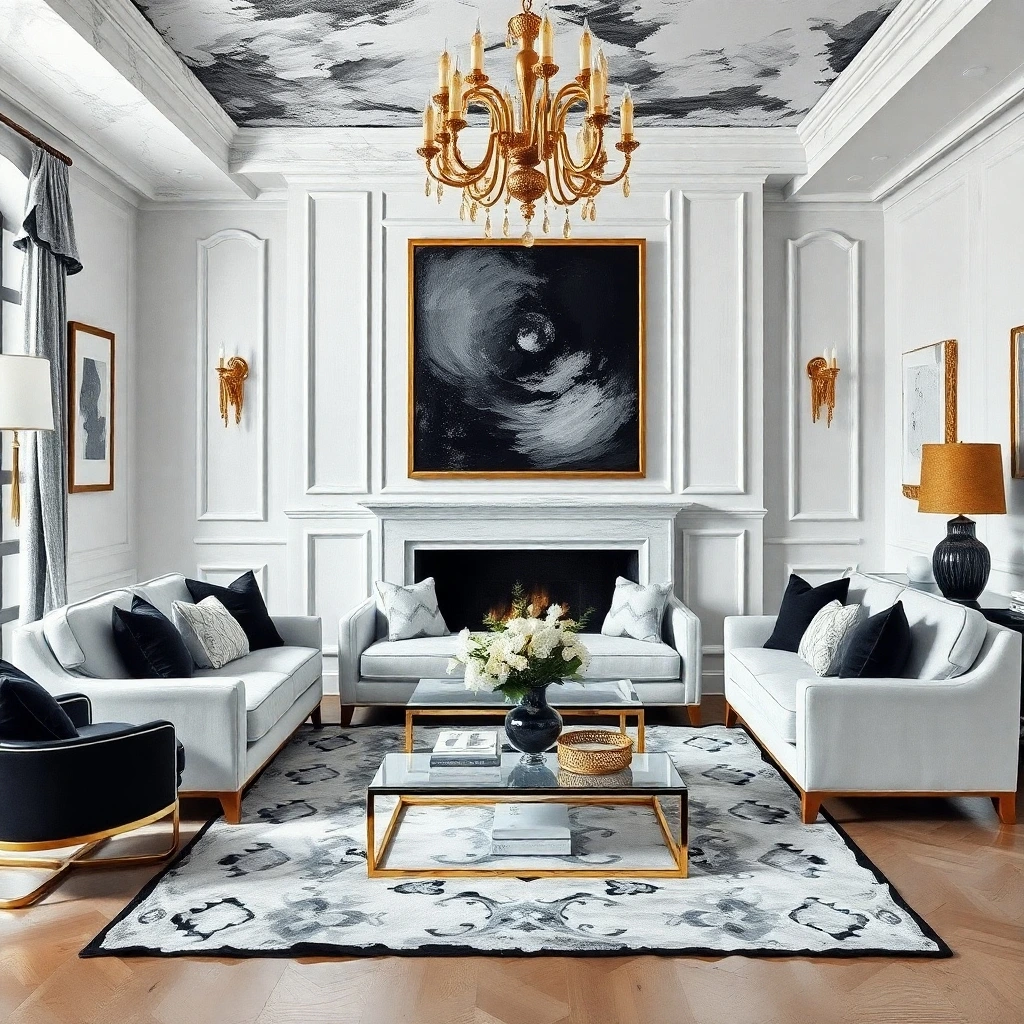 a bold, graceful, and elegant acrylic painting depicts a living room painted crisp white, black, and gold; refined features and textured brushstrokes showcase vibrant colors