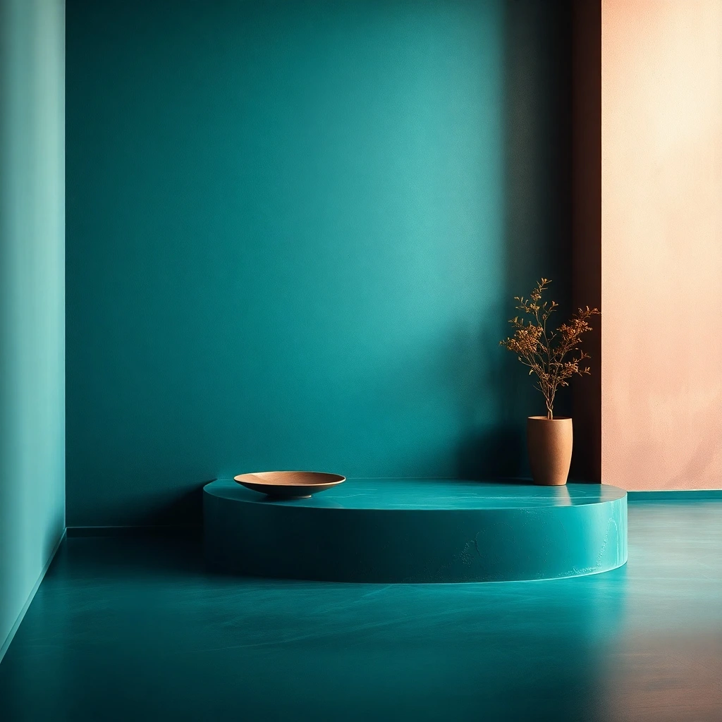a cinematic image of polished plaster walls in rich deep teal, featuring a soft haze, soft focus, and hazy background to highlight its luxurious and vibrant nature