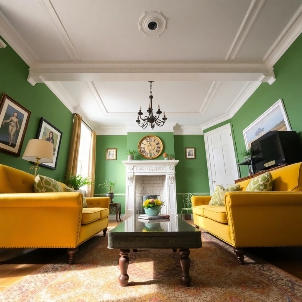 a dramatic low angle perspective looking up at a kelly green, saffron yellow, and antique white painted living room
