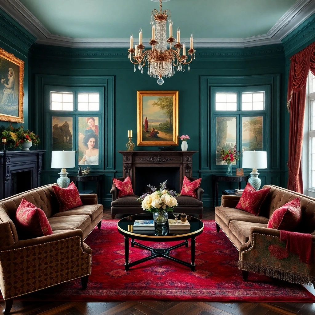 a graceful and elegant living room, painted in rich deep teal, kelly green, brick red, and earthy brown, showcasing luxurious and vibrant textures