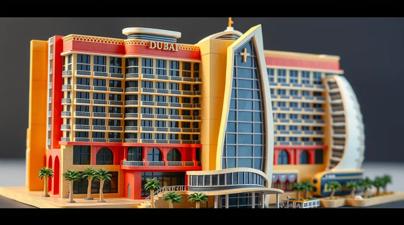 a high end dubai hotel, depicted in layered papier mâché style, showcasing a vibrant exterior with sleek, modern design. the sculpted texture emphasizes charming, adorable features