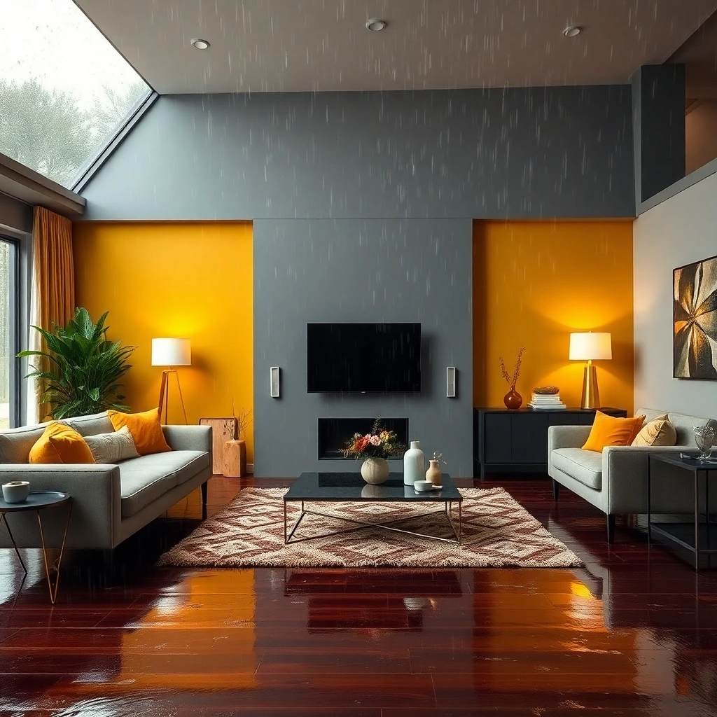 a living room painted in cloudy gray, mustard, and linen, depicted in an electric, vivid color palette, showcasing a wet rainy scene with drizzling rain and reflective surfaces