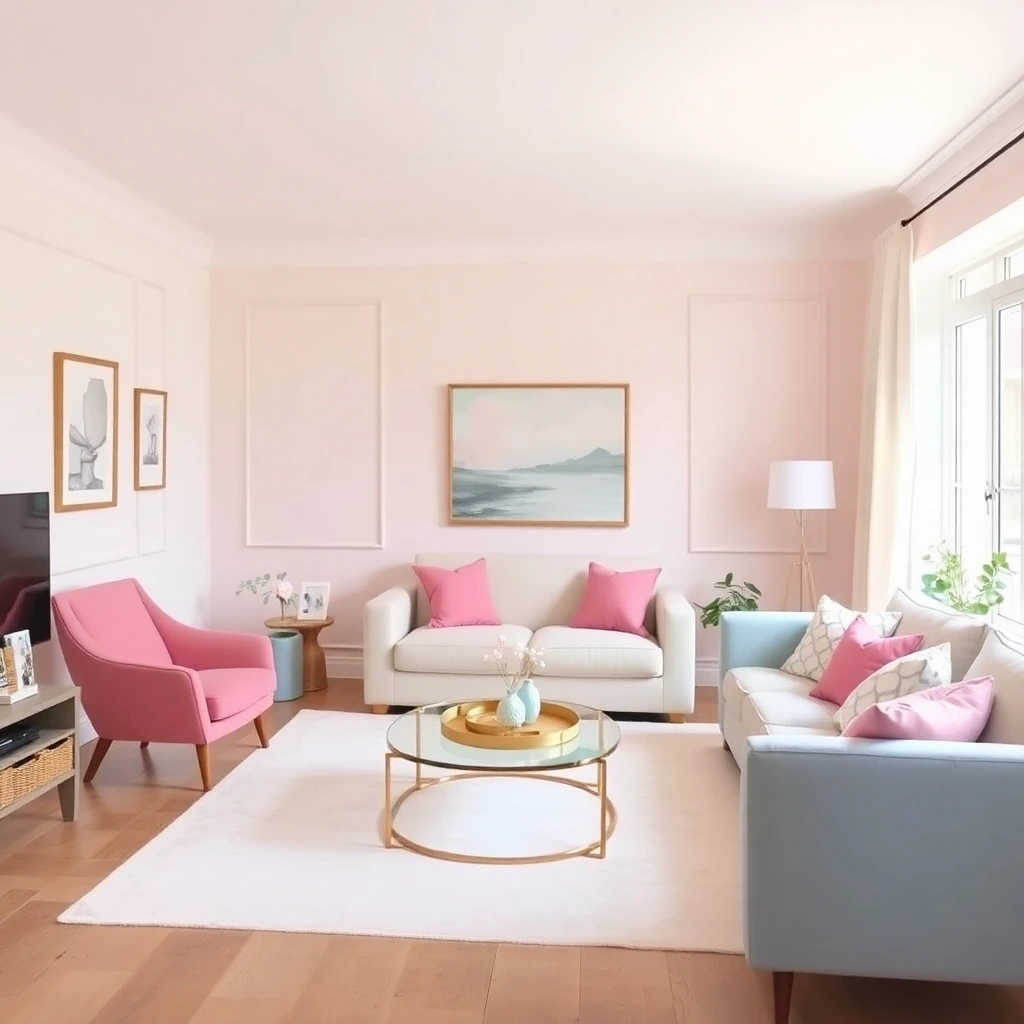 a living room painted in soft pastel cream, white, bright pink, and muted blue hues, depicted in a gentle and soothing painterly style
