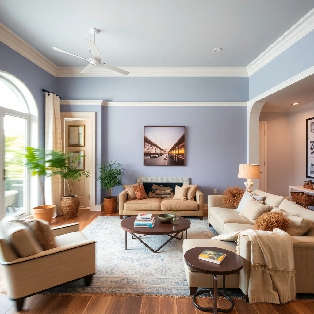 a long exposure photograph depicting a living room painted in powder blue, lavender, and warm white, featuring earth tones, browns, and beiges, with muted colors and visible motion blur or light trail