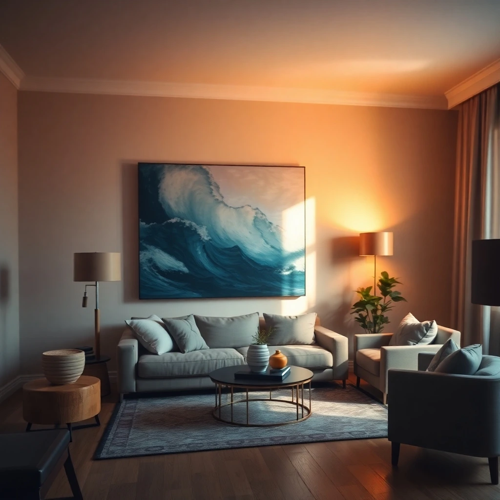 a long exposure photograph of living room paintings showcasing the best color shades for a living room, featuring motion blur, harsh light, and dramatic shadows