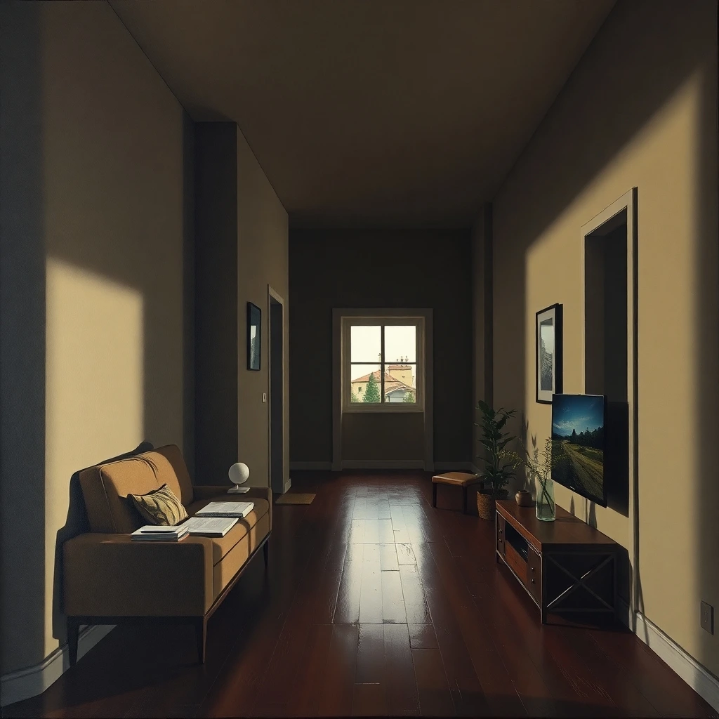 a low angle perspective painting of apartment painting solutions with high contrast, low key lighting, deep shadows, and a dramatic effect
