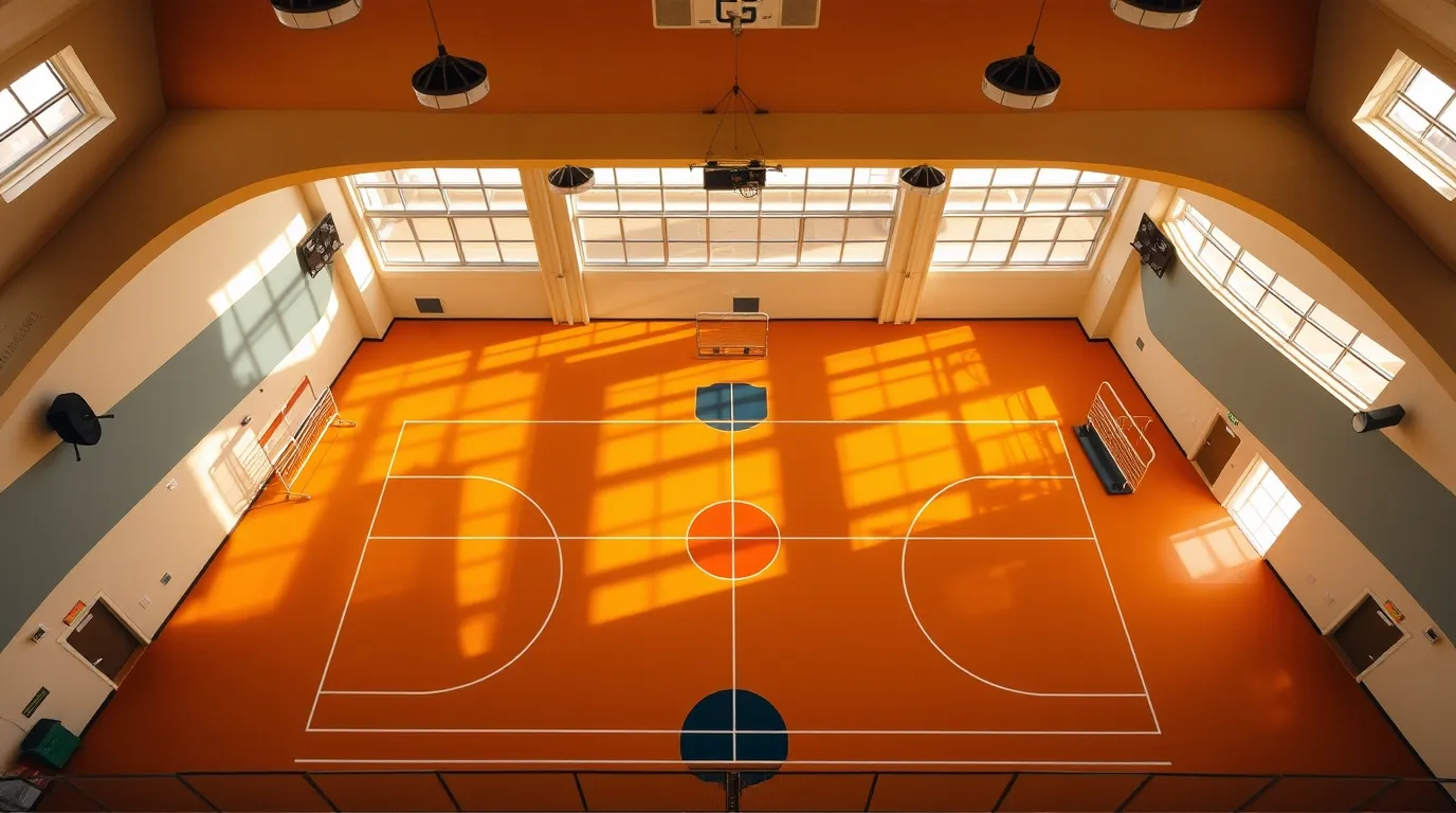 an overhead bird's eye view painting of expert gym & sports center painting services in dubai, showcasing strong hard light, direct harsh shadows, and a top down perspective