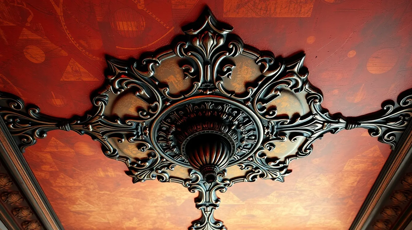 cast bronze ceiling painting with a warm eerie creepy atmosphere, dark tones, unsettling details, reds, oranges, and yellows, showcasing an antique patina finish