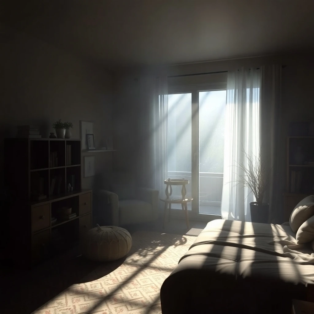 dreamy atmosphere depicting how regular home cleaning improves indoor air quality using chiaroscuro lighting, strong contrasts, deep shadows, hazy soft light