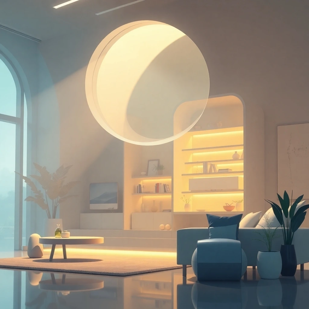 epic lens glow lighting illuminates a modern future grand scene depicting how regular home cleaning improves indoor air quality in a modern flat design style, using simple two dimensional shapes on a