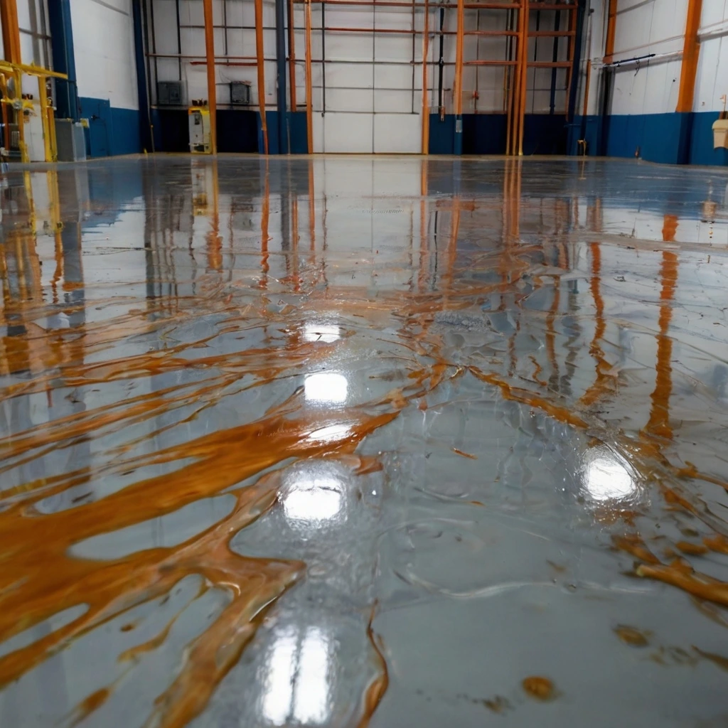 shiny epoxy floors with a contrast of white and golden colors